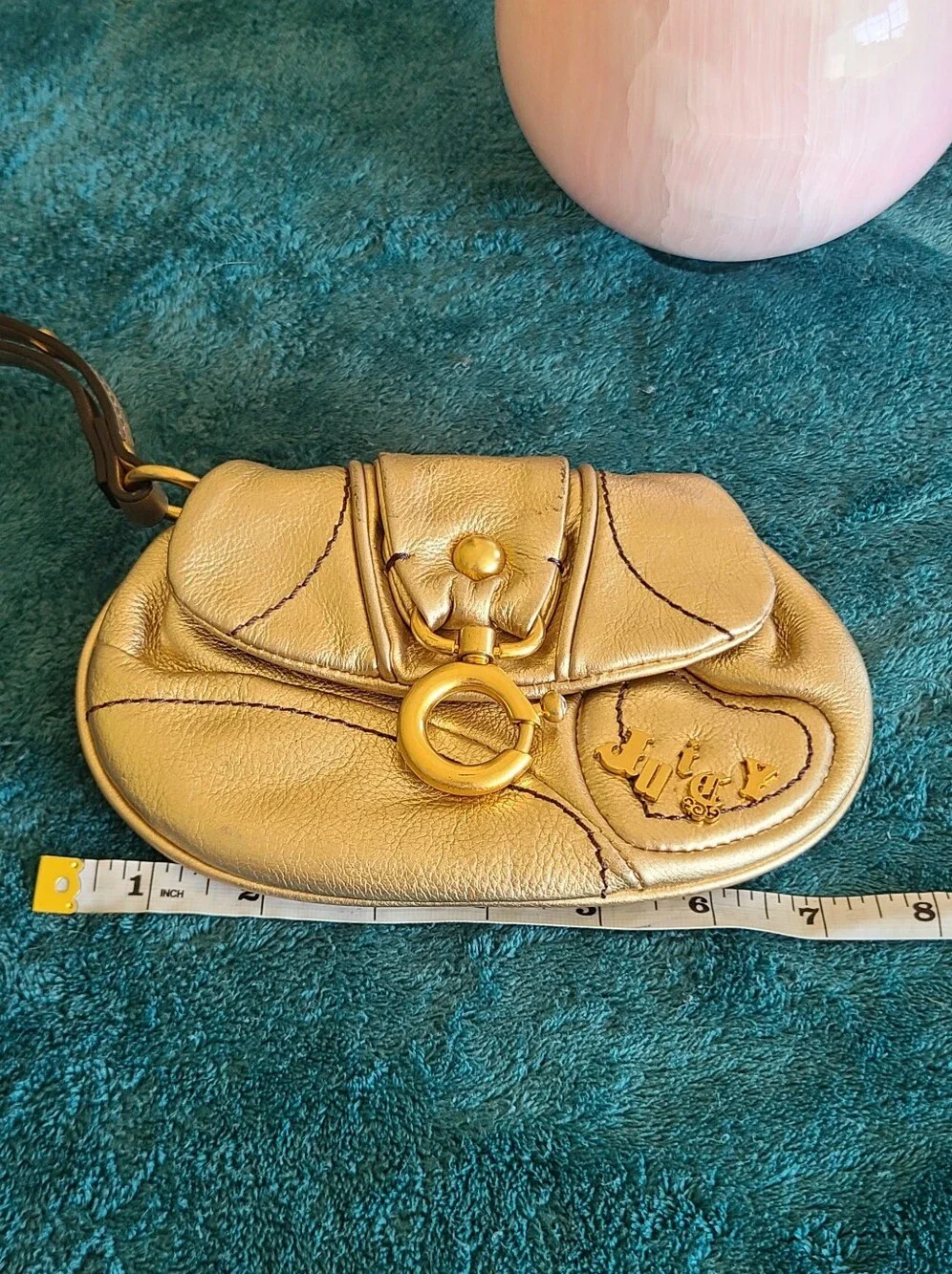 Y2K vintage metallic gold leather Juicy Couture wristlet featuring Heart Accent